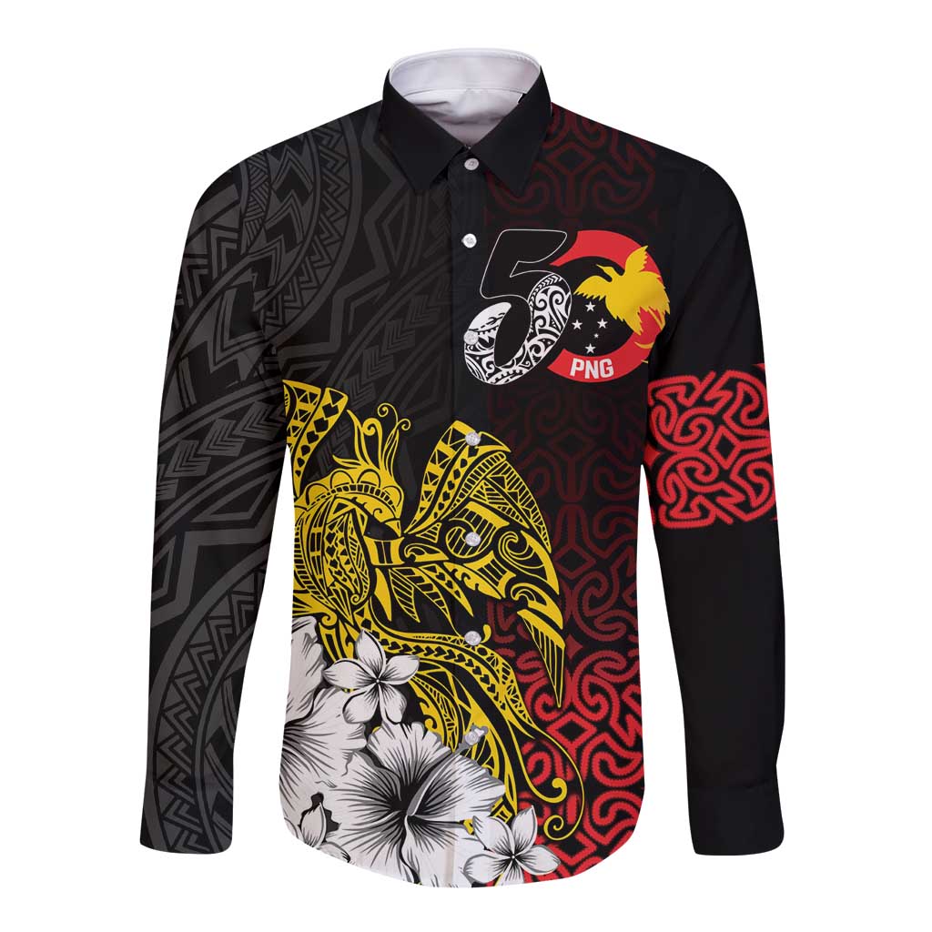 Personalized Papua New Guinea 50th Independence Anniversary Long Sleeve Button Shirt Oro Tapa Mix Plumeria LT7 Unisex Black - Polynesian Pride