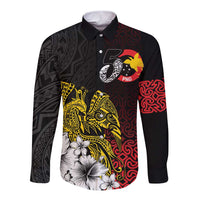 Personalized Papua New Guinea 50th Independence Anniversary Long Sleeve Button Shirt Oro Tapa Mix Plumeria LT7 Unisex Black - Polynesian Pride