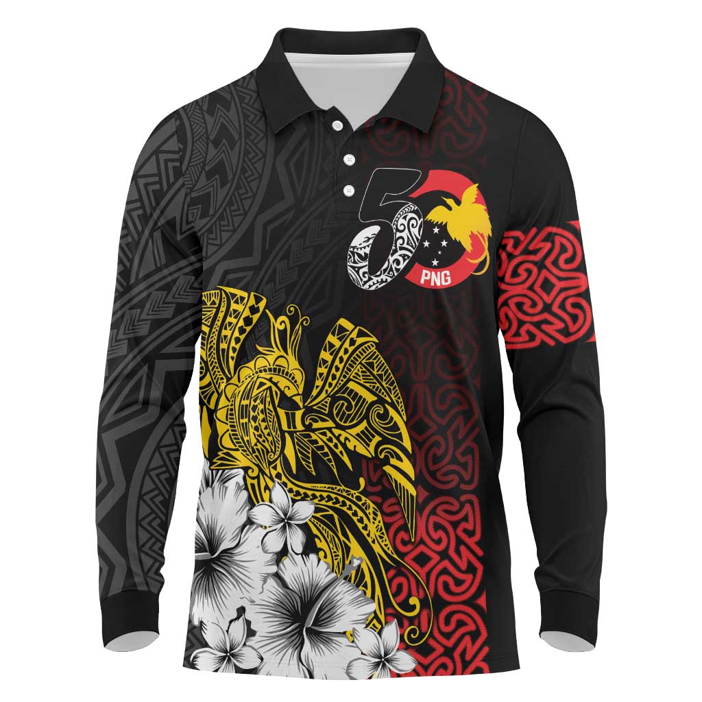 Personalized Papua New Guinea 50th Independence Anniversary Long Sleeve Polo Shirt Oro Tapa Mix Plumeria