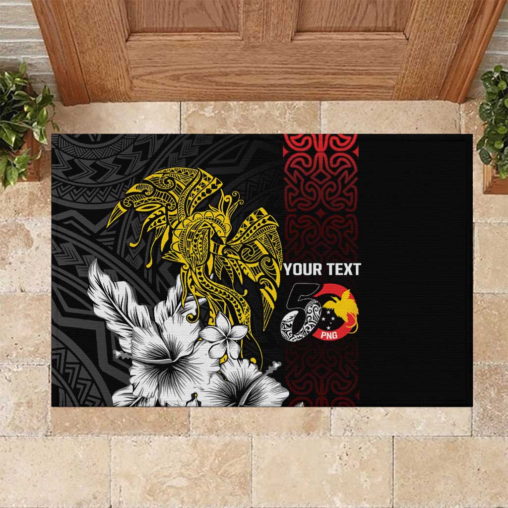 Personalized Papua New Guinea 50th Independence Anniversary Rubber Doormat Oro Tapa Mix Plumeria LT7 Black - Polynesian Pride