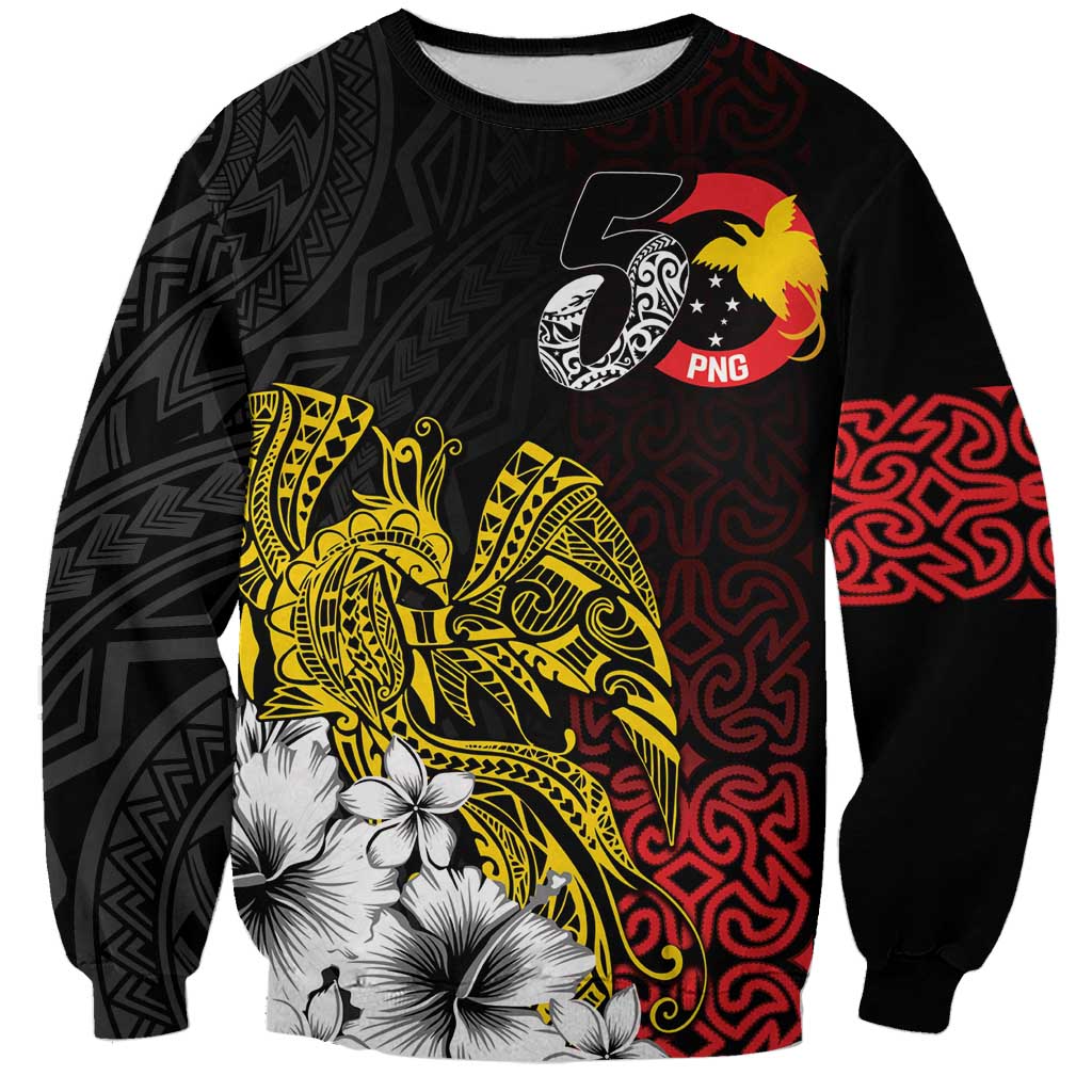Personalized Papua New Guinea 50th Independence Anniversary Sweatshirt Oro Tapa Mix Plumeria LT7 Unisex Black - Polynesian Pride