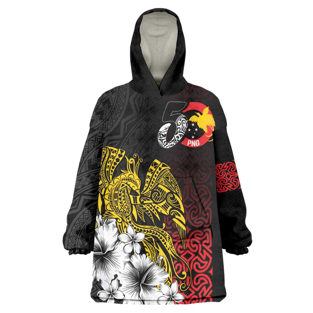 Personalized Papua New Guinea 50th Independence Anniversary Wearable Blanket Hoodie Oro Tapa Mix Plumeria LT7 One Size Black - Polynesian Pride