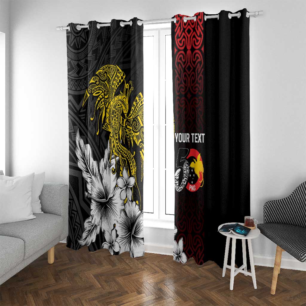 Personalized Papua New Guinea 50th Independence Anniversary Window Curtain Oro Tapa Mix Plumeria LT7 With Grommets Black - Polynesian Pride