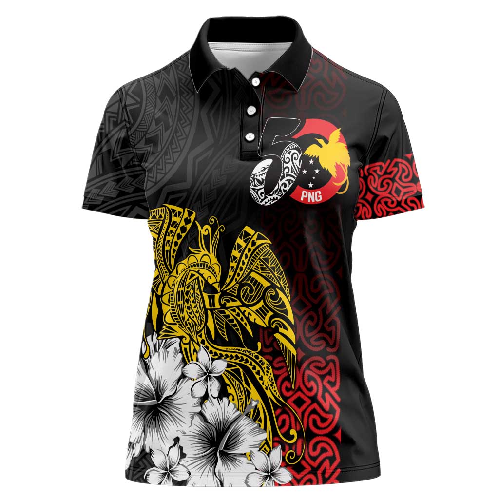 Personalized Papua New Guinea 50th Independence Anniversary Women Polo Shirt Oro Tapa Mix Plumeria