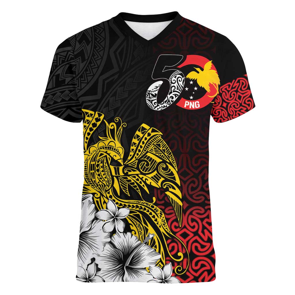 Personalized Papua New Guinea 50th Independence Anniversary Women V-Neck T-Shirt Oro Tapa Mix Plumeria LT7 Female Black - Polynesian Pride