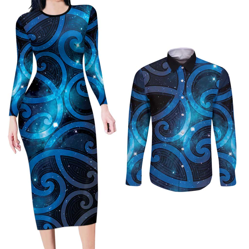 New Zealand Maori Matariki Couples Matching Long Sleeve Bodycon Dress and Long Sleeve Button Shirt Galaxy Kowhaiwhai LT7 Galaxy - Polynesian Pride