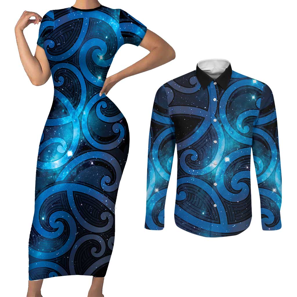 New Zealand Maori Matariki Couples Matching Short Sleeve Bodycon Dress and Long Sleeve Button Shirt Galaxy Kowhaiwhai LT7 Galaxy - Polynesian Pride