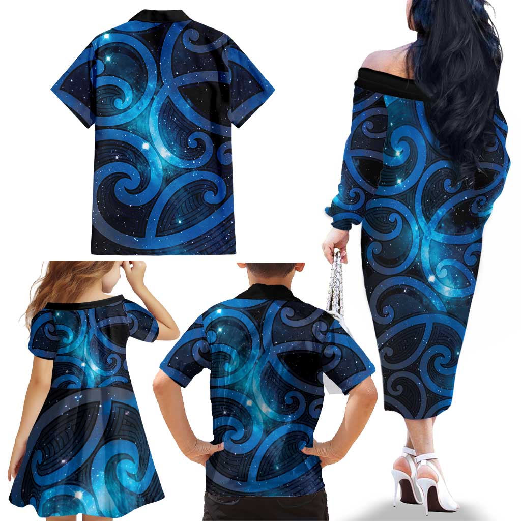 New Zealand Maori Matariki Family Matching Off The Shoulder Long Sleeve Dress and Hawaiian Shirt Galaxy Kowhaiwhai