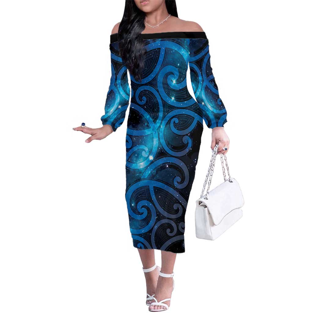 New Zealand Maori Matariki Family Matching Off The Shoulder Long Sleeve Dress and Hawaiian Shirt Galaxy Kowhaiwhai