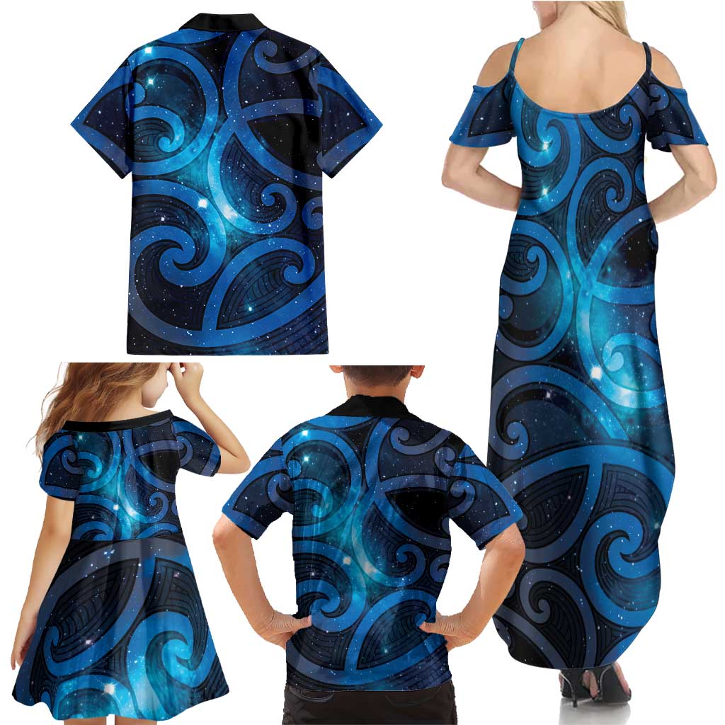 New Zealand Maori Matariki Family Matching Summer Maxi Dress and Hawaiian Shirt Galaxy Kowhaiwhai