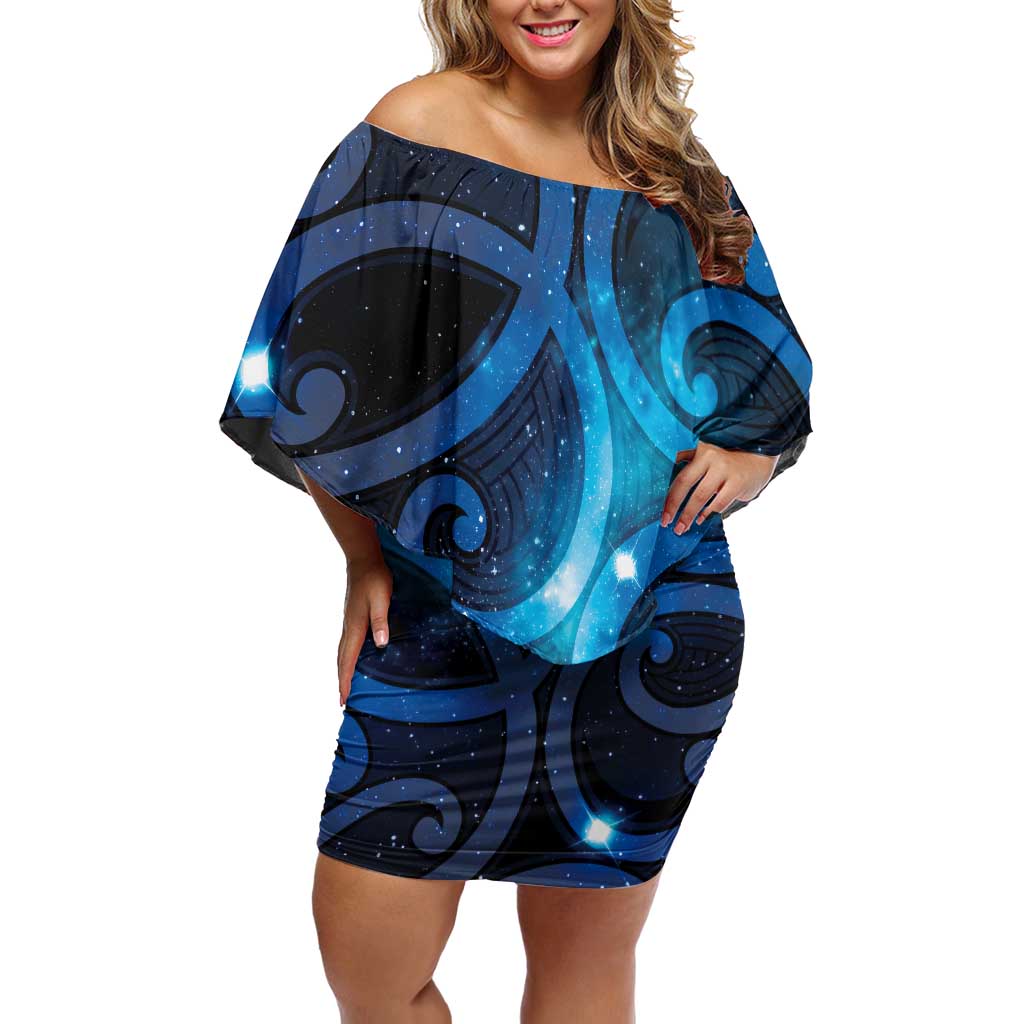 New Zealand Maori Matariki Off Shoulder Short Dress Galaxy Kowhaiwhai LT7 Women Galaxy - Polynesian Pride