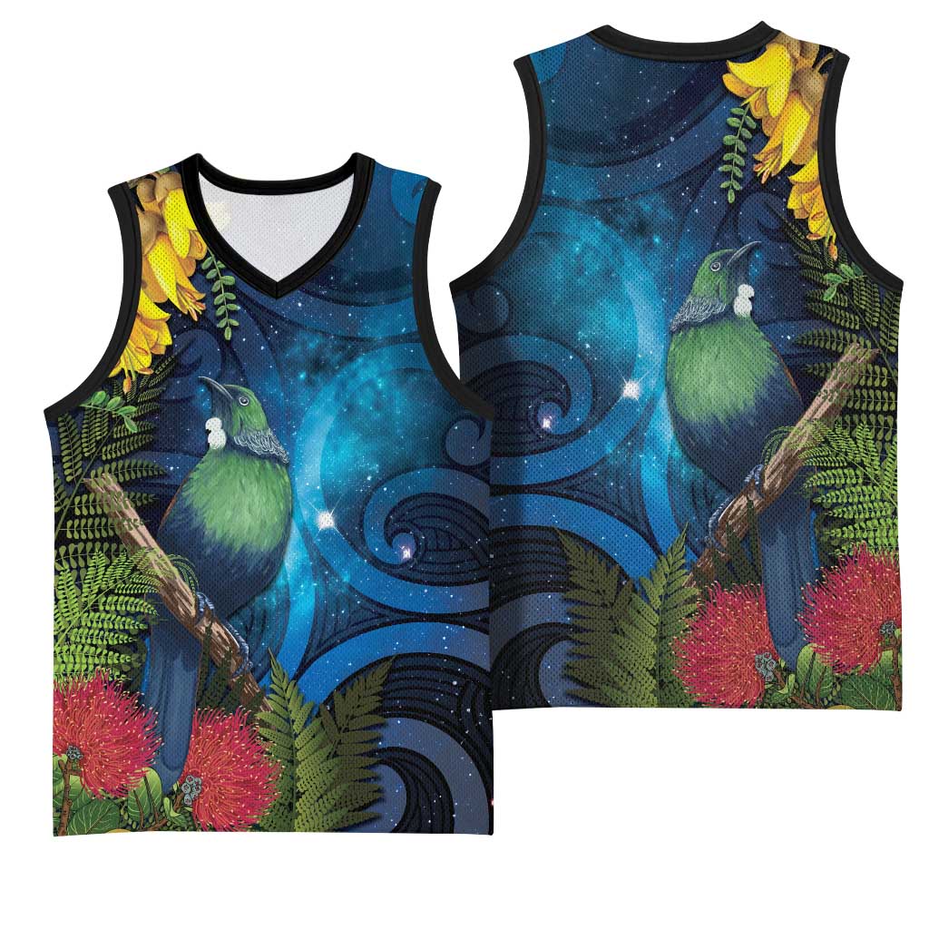 Tui Bird New Zealand Starry Sky Basketball Jersey Maori Koru LT7 - Polynesian Pride