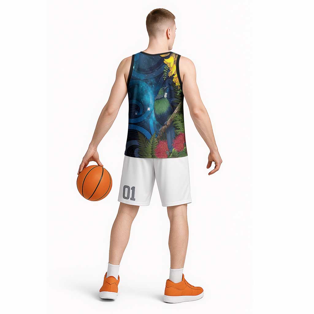 Tui Bird New Zealand Starry Sky Basketball Jersey Maori Koru LT7 - Polynesian Pride
