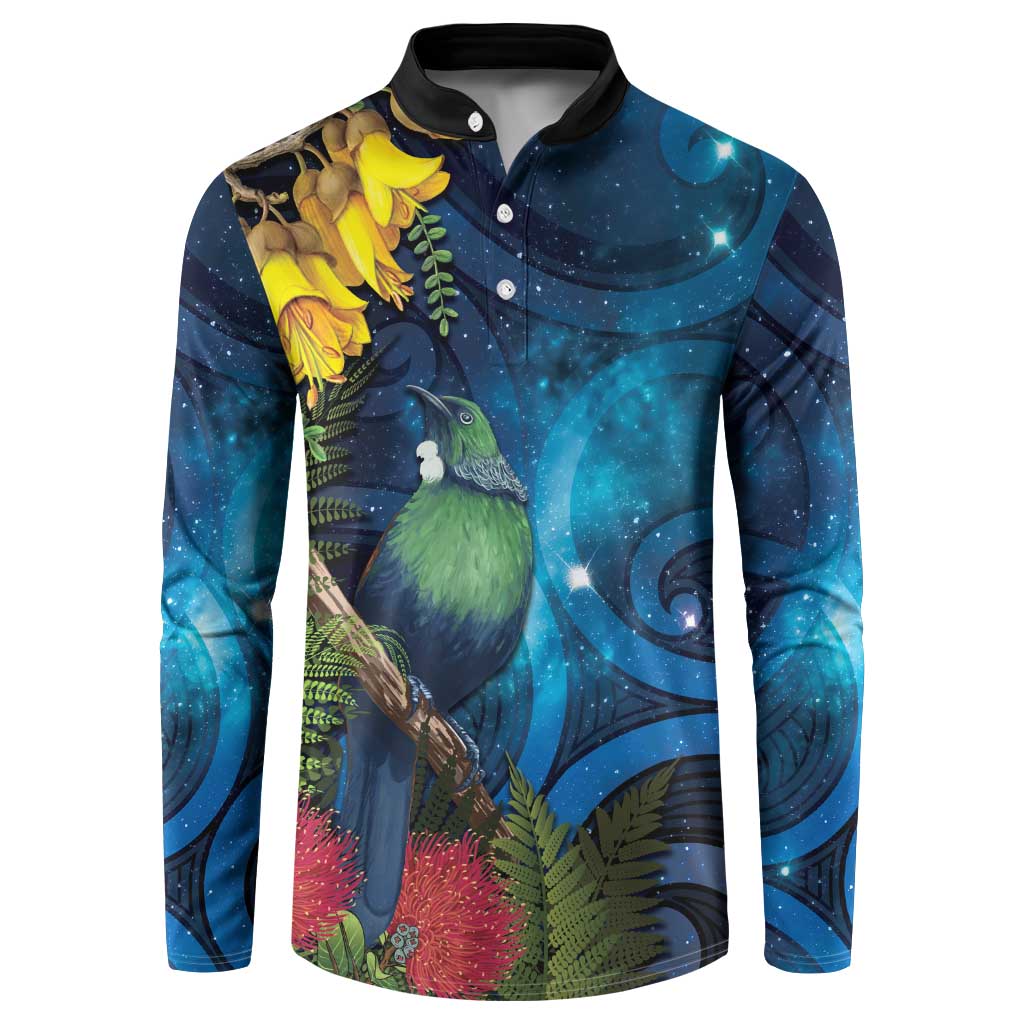 Tui Bird New Zealand Starry Sky Button Sweatshirt Maori Koru LT7 Galaxy - Polynesian Pride