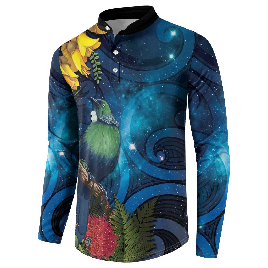 Tui Bird New Zealand Starry Sky Button Sweatshirt Maori Koru LT7 - Polynesian Pride