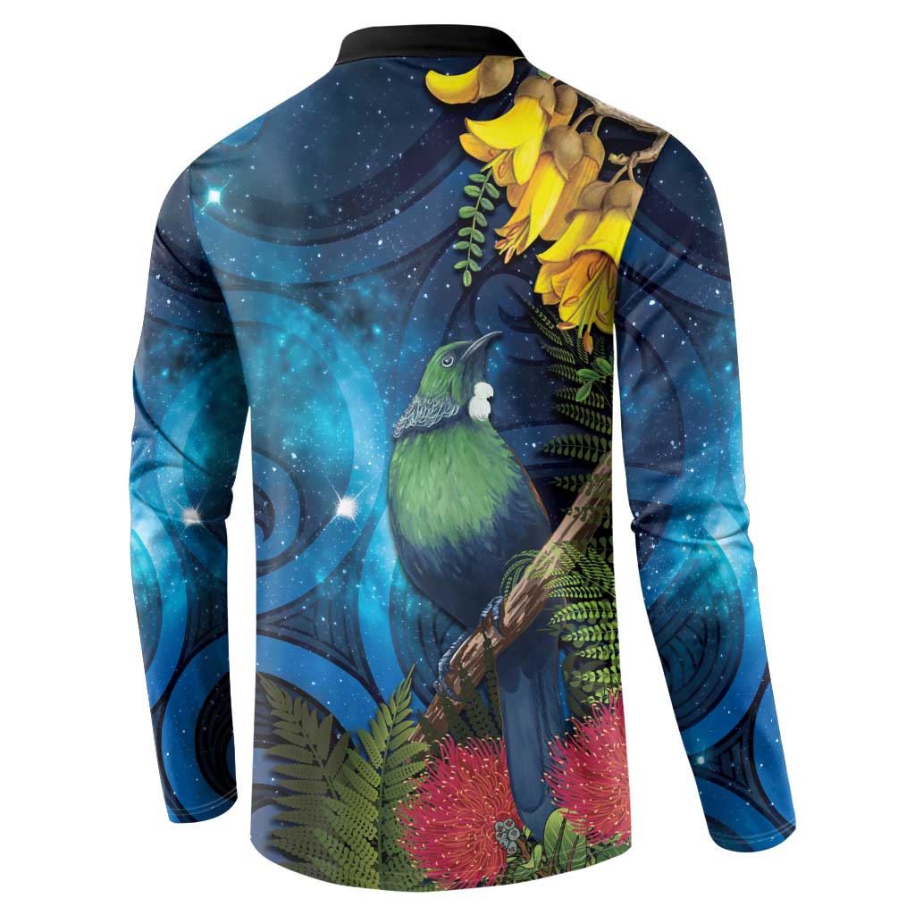 Tui Bird New Zealand Starry Sky Button Sweatshirt Maori Koru LT7 - Polynesian Pride