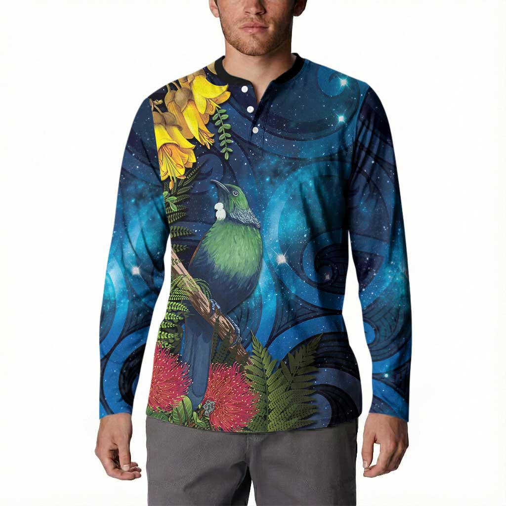 Tui Bird New Zealand Starry Sky Button Sweatshirt Maori Koru LT7 - Polynesian Pride