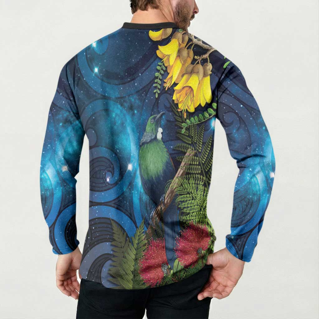 Tui Bird New Zealand Starry Sky Button Sweatshirt Maori Koru LT7 - Polynesian Pride
