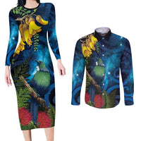 Tui Bird New Zealand Starry Sky Couples Matching Long Sleeve Bodycon Dress and Long Sleeve Button Shirt Maori Koru