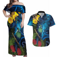 Tui Bird New Zealand Starry Sky Couples Matching Off Shoulder Maxi Dress and Hawaiian Shirt Maori Koru