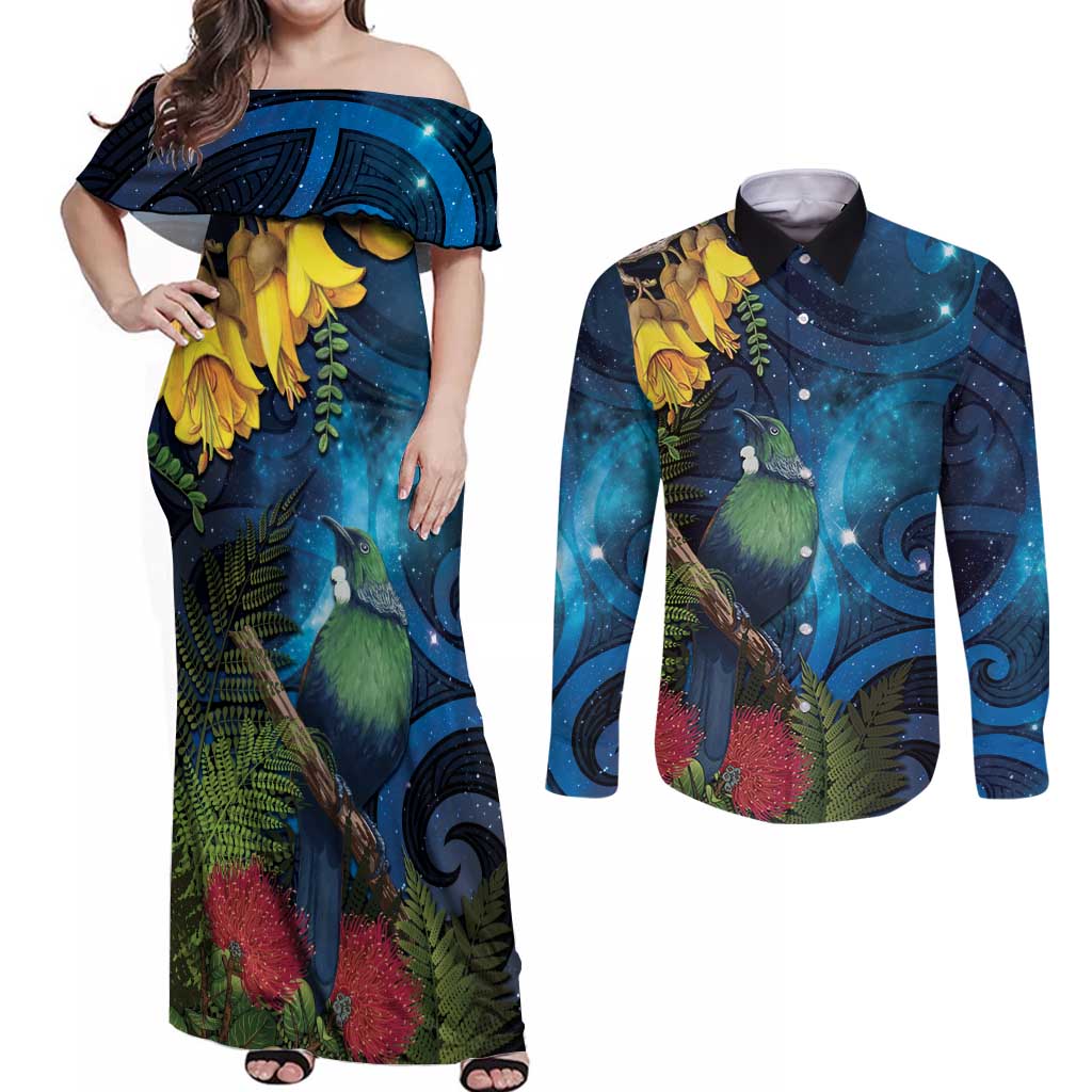 Tui Bird New Zealand Starry Sky Couples Matching Off Shoulder Maxi Dress and Long Sleeve Button Shirt Maori Koru