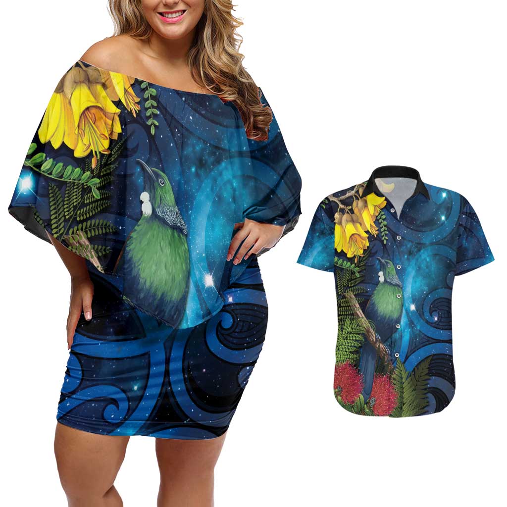Tui Bird New Zealand Starry Sky Couples Matching Off Shoulder Short Dress and Hawaiian Shirt Maori Koru
