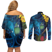 Tui Bird New Zealand Starry Sky Couples Matching Off Shoulder Short Dress and Long Sleeve Button Shirt Maori Koru