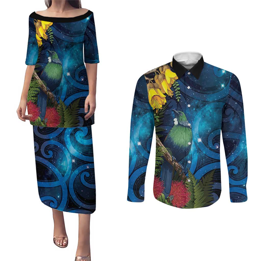 Tui Bird New Zealand Starry Sky Couples Matching Puletasi and Long Sleeve Button Shirt Maori Koru LT7 Galaxy - Polynesian Pride