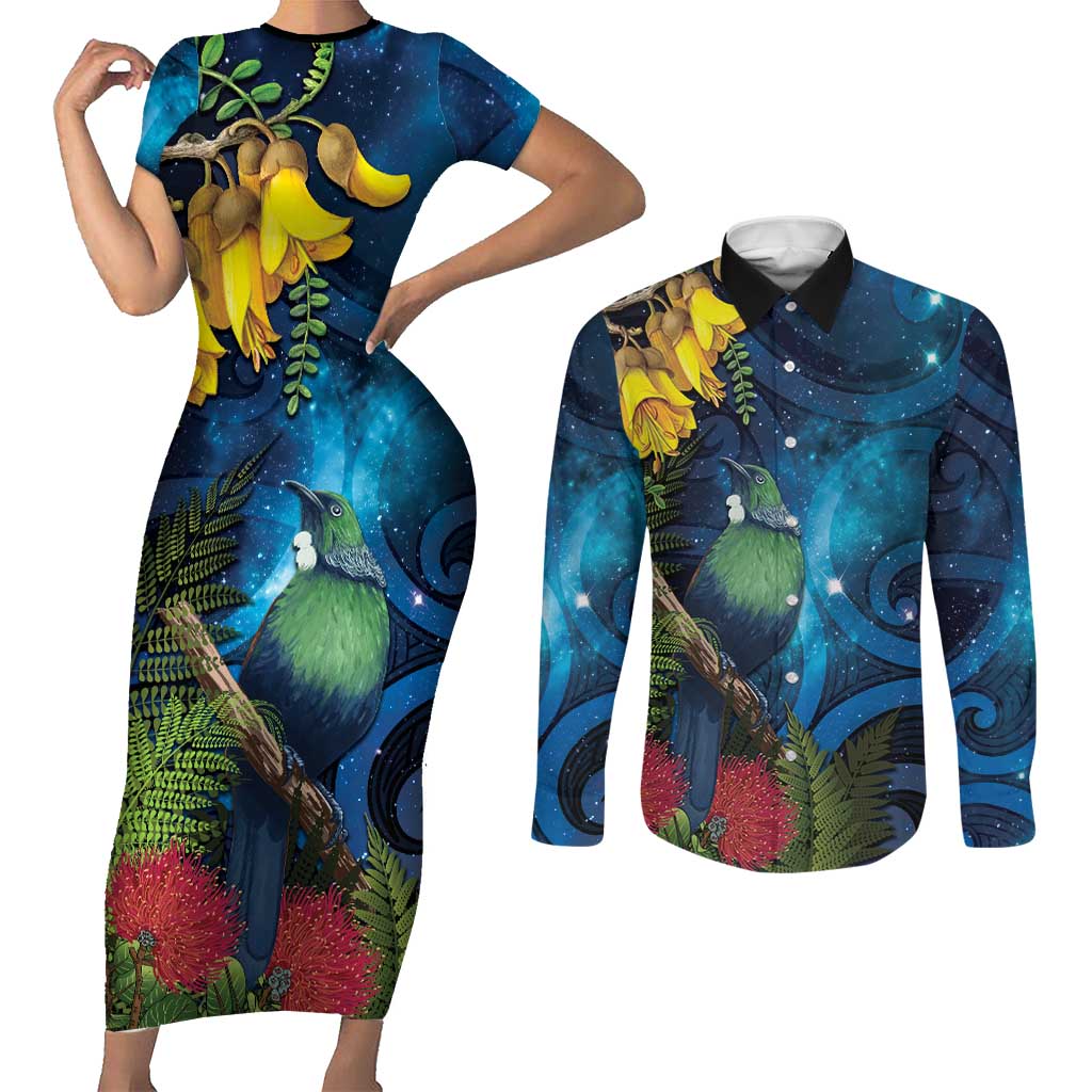 Tui Bird New Zealand Starry Sky Couples Matching Short Sleeve Bodycon Dress and Long Sleeve Button Shirt Maori Koru