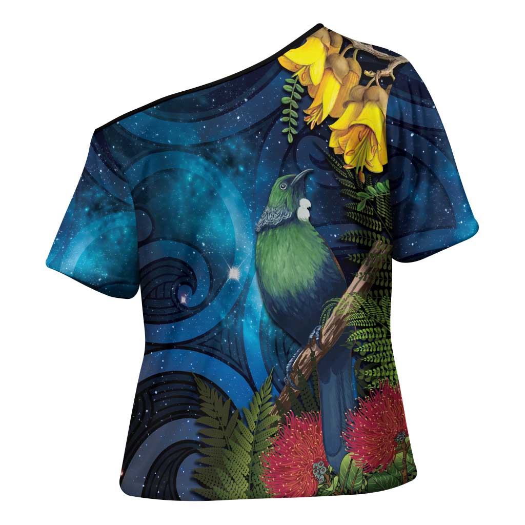Tui Bird New Zealand Starry Sky Cross Shoulder Shirt Maori Koru LT7 - Polynesian Pride