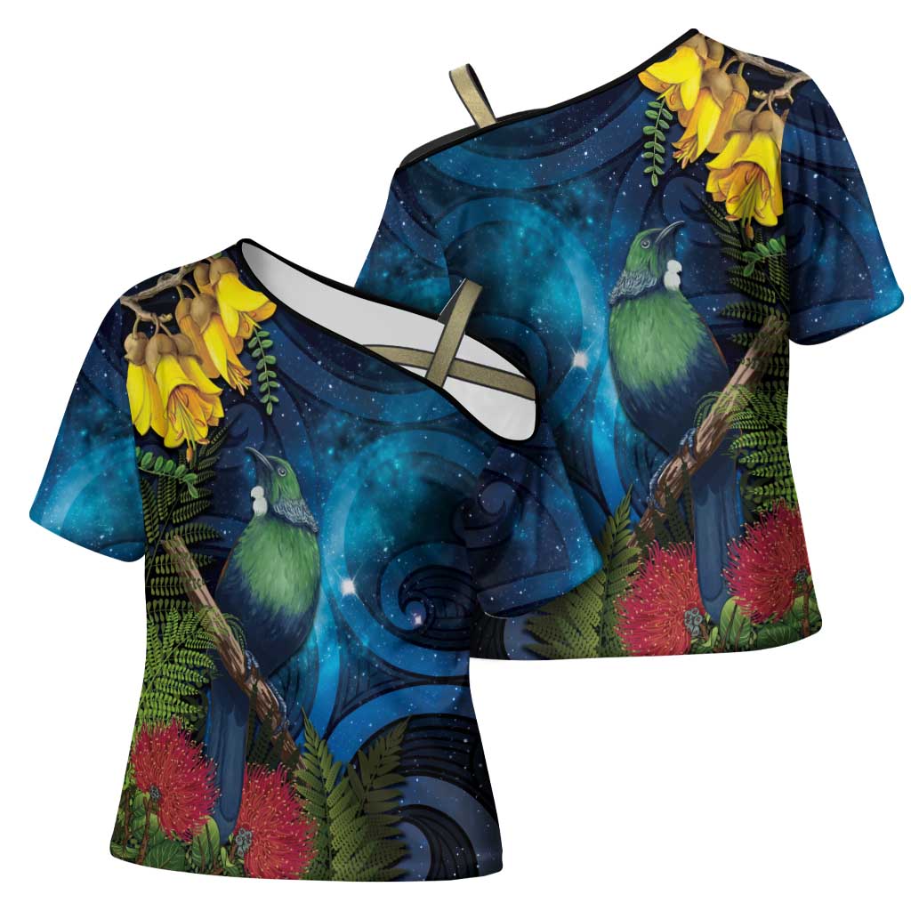 Tui Bird New Zealand Starry Sky Cross Shoulder Shirt Maori Koru LT7 - Polynesian Pride