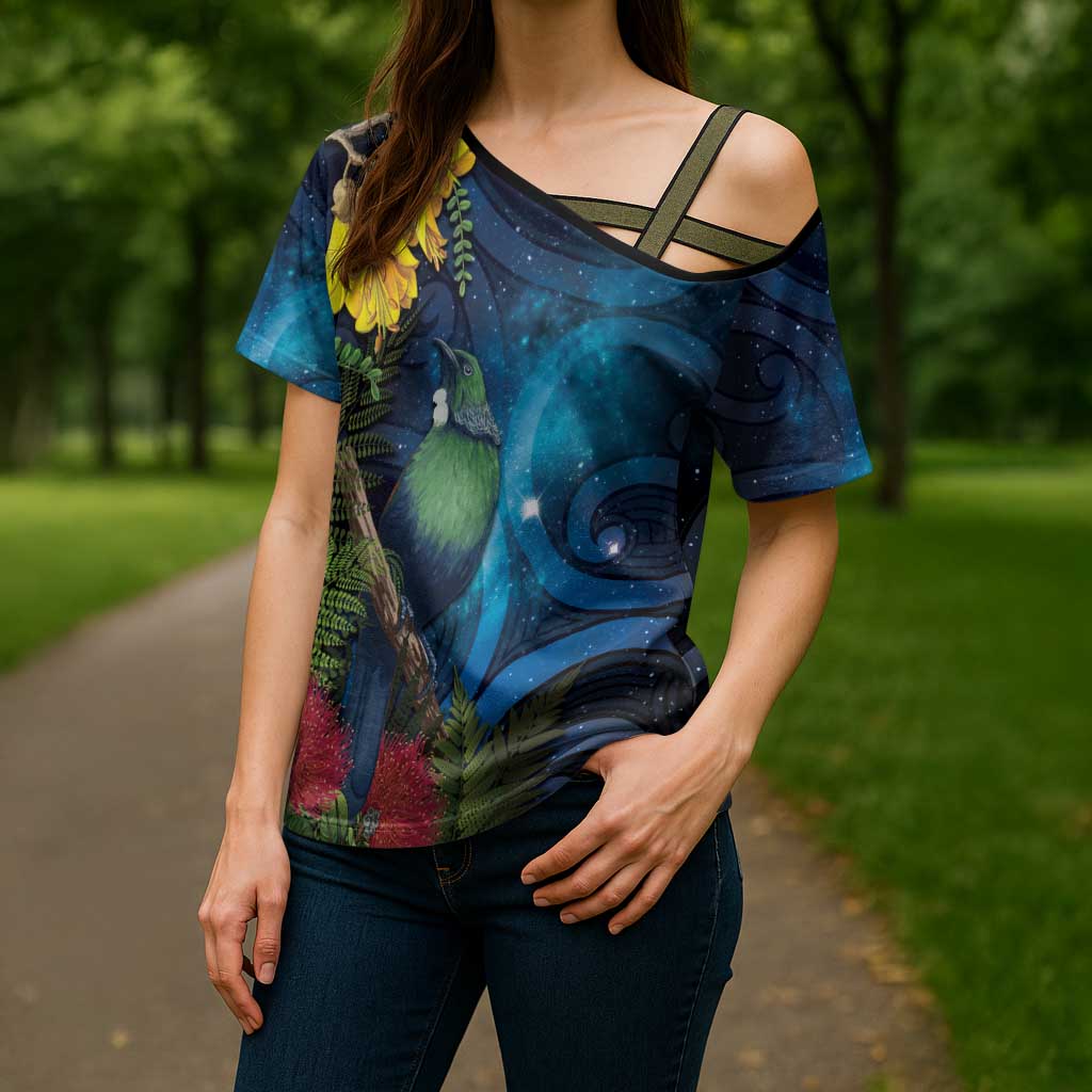 Tui Bird New Zealand Starry Sky Cross Shoulder Shirt Maori Koru LT7 - Polynesian Pride