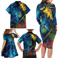 Tui Bird New Zealand Starry Sky Family Matching Long Sleeve Bodycon Dress and Hawaiian Shirt Maori Koru