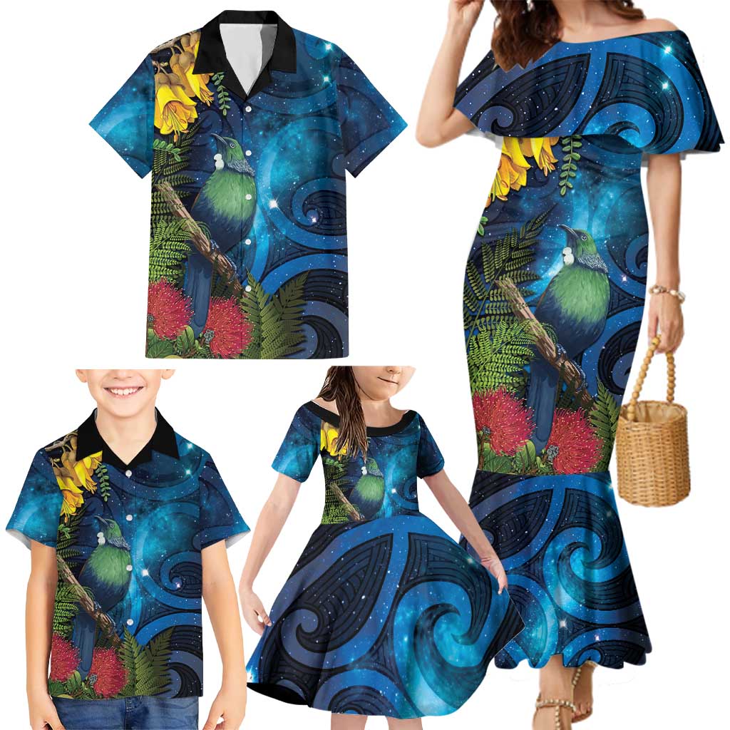 Tui Bird New Zealand Starry Sky Family Matching Mermaid Dress and Hawaiian Shirt Maori Koru