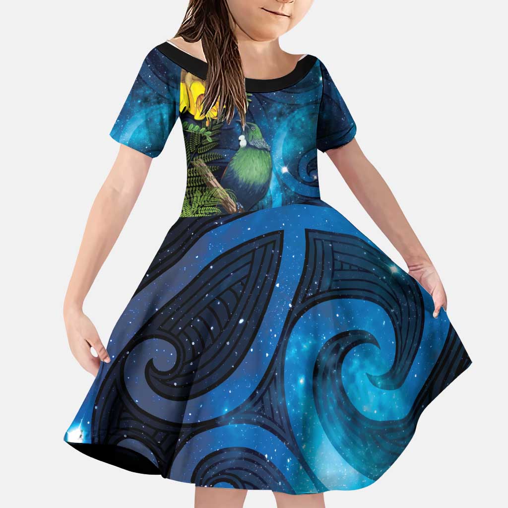 Tui Bird New Zealand Starry Sky Family Matching Off The Shoulder Long Sleeve Dress and Hawaiian Shirt Maori Koru