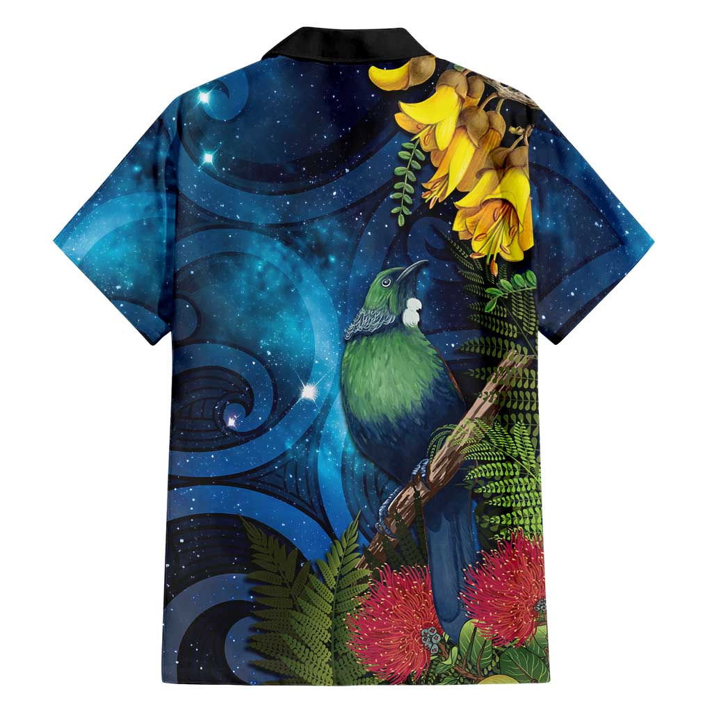 Tui Bird New Zealand Starry Sky Family Matching Off Shoulder Short Dress and Hawaiian Shirt Maori Koru