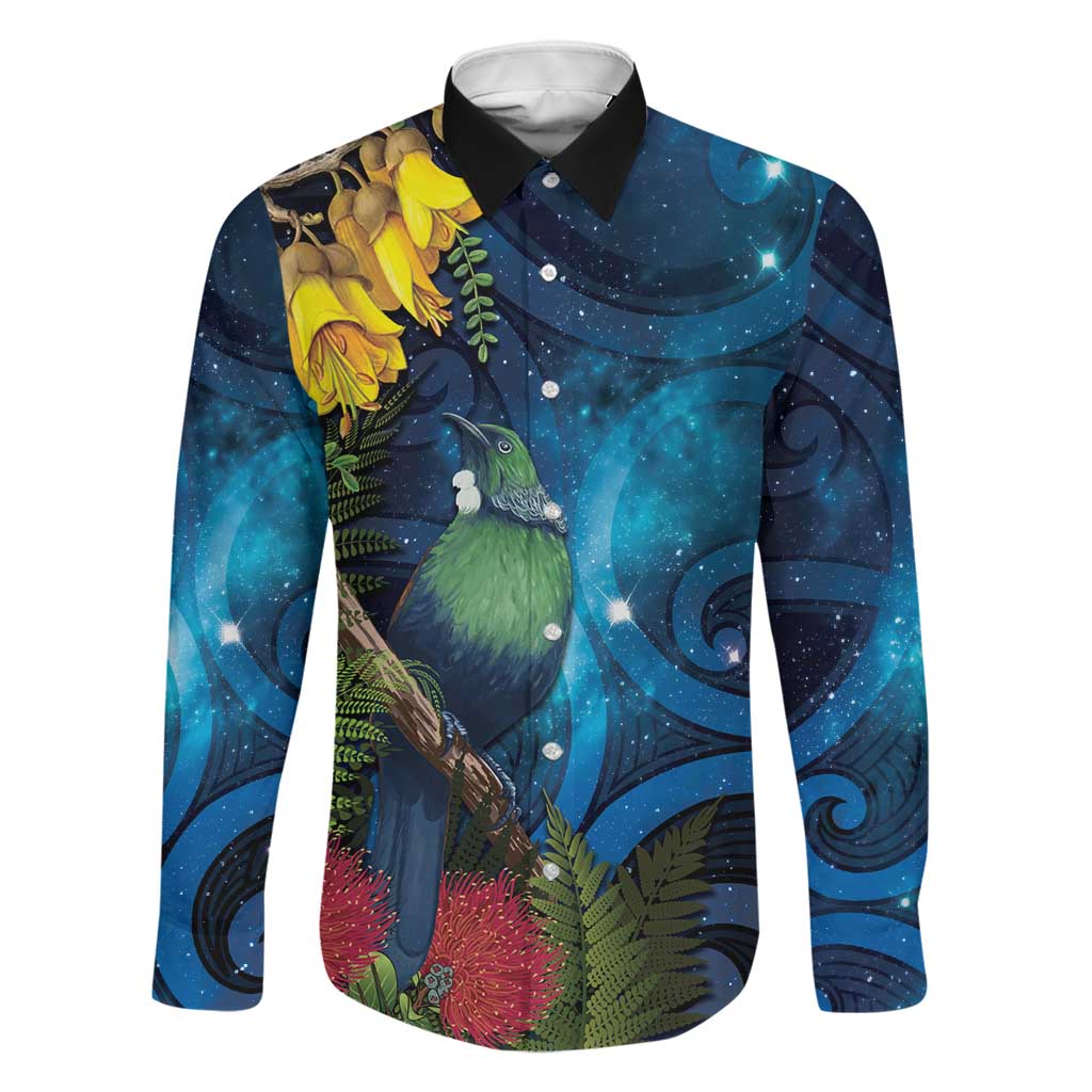 Tui Bird New Zealand Starry Sky Family Matching Off Shoulder Short Dress and Hawaiian Shirt Maori Koru