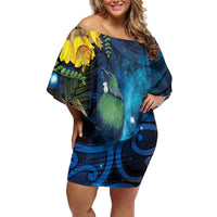 Tui Bird New Zealand Starry Sky Family Matching Off Shoulder Short Dress and Hawaiian Shirt Maori Koru