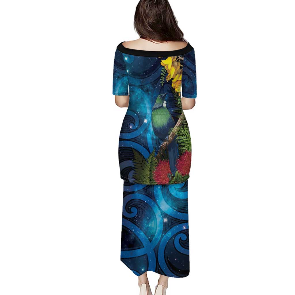 Tui Bird New Zealand Starry Sky Family Matching Puletasi and Hawaiian Shirt Maori Koru