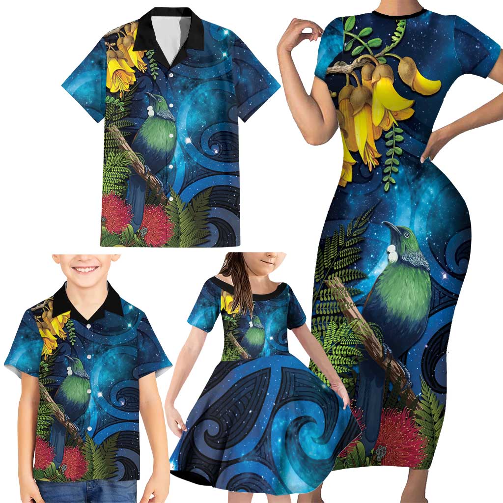 Tui Bird New Zealand Starry Sky Family Matching Short Sleeve Bodycon Dress and Hawaiian Shirt Maori Koru LT7 - Polynesian Pride