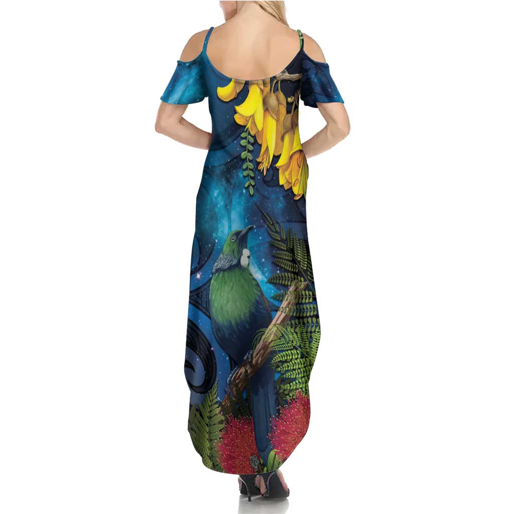 Tui Bird New Zealand Starry Sky Family Matching Summer Maxi Dress and Hawaiian Shirt Maori Koru