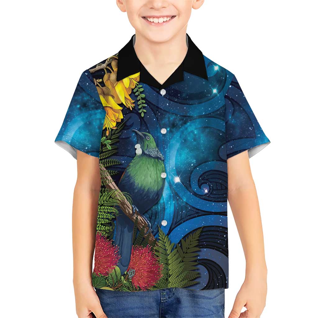 Tui Bird New Zealand Starry Sky Family Matching Summer Maxi Dress and Hawaiian Shirt Maori Koru