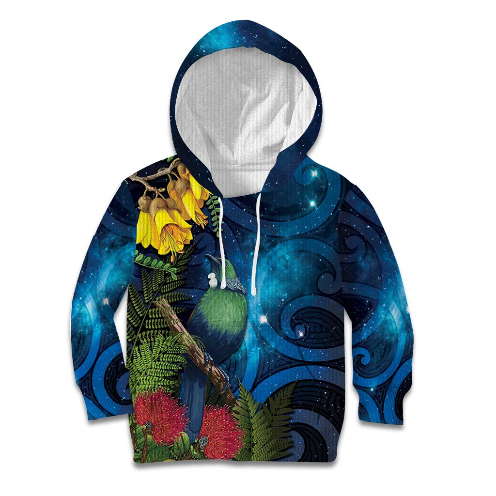 Tui Bird New Zealand Starry Sky Kid Hoodie Maori Koru LT7 Hoodie Galaxy - Polynesian Pride