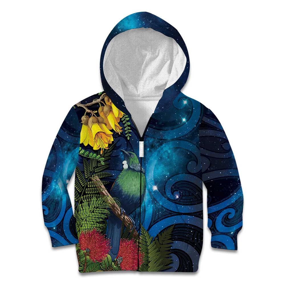 Tui Bird New Zealand Starry Sky Kid Hoodie Maori Koru LT7 Zip Hoodie Galaxy - Polynesian Pride