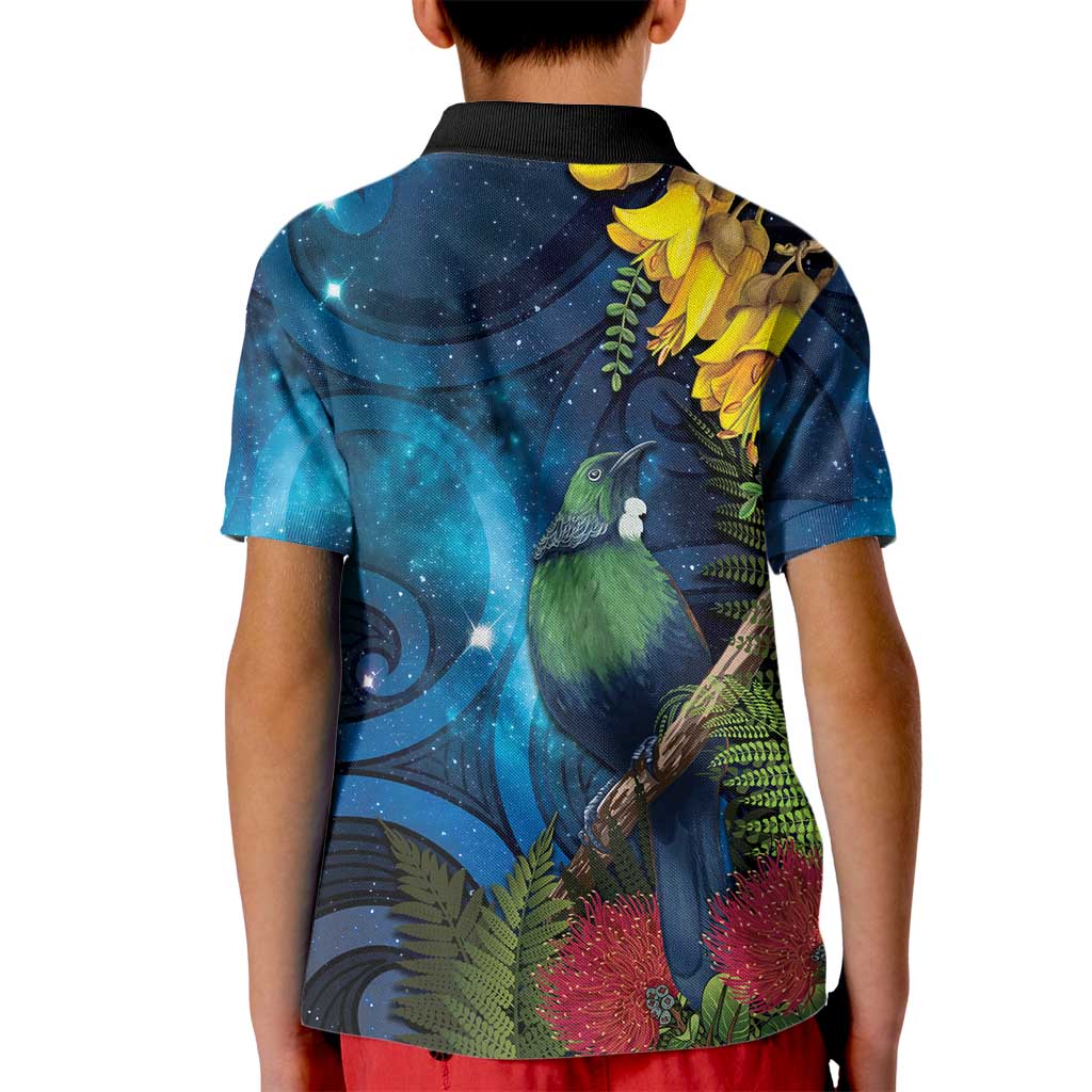 Tui Bird New Zealand Starry Sky Kid Polo Shirt Maori Koru LT7 - Polynesian Pride