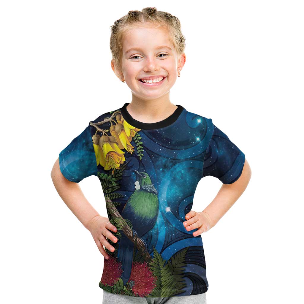 Tui Bird New Zealand Starry Sky Kid T Shirt Maori Koru LT7 Galaxy - Polynesian Pride
