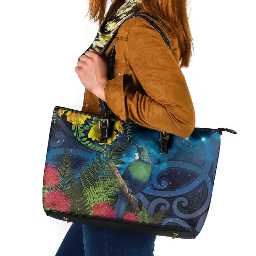 Tui Bird New Zealand Starry Sky Leather Tote Bag Maori Koru LT7 Galaxy - Polynesian Pride