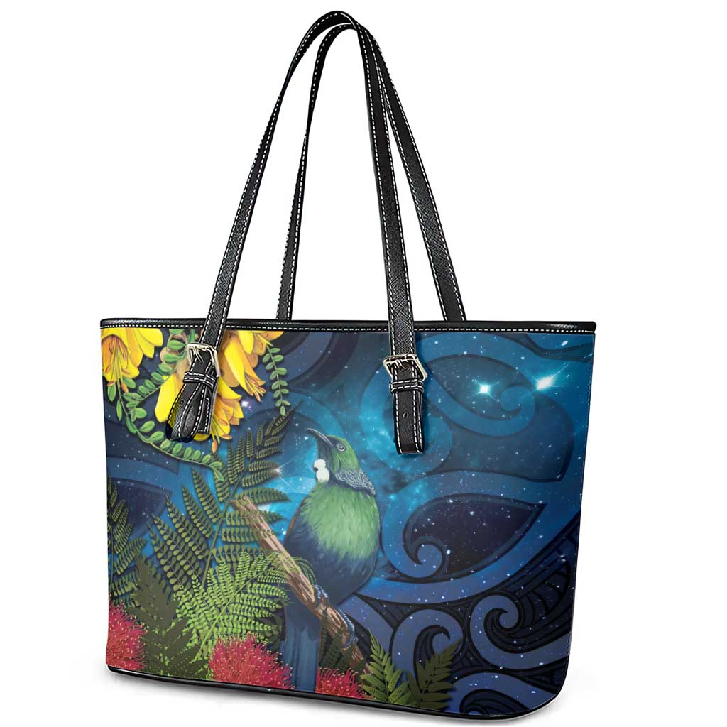 Tui Bird New Zealand Starry Sky Leather Tote Bag Maori Koru LT7 - Polynesian Pride