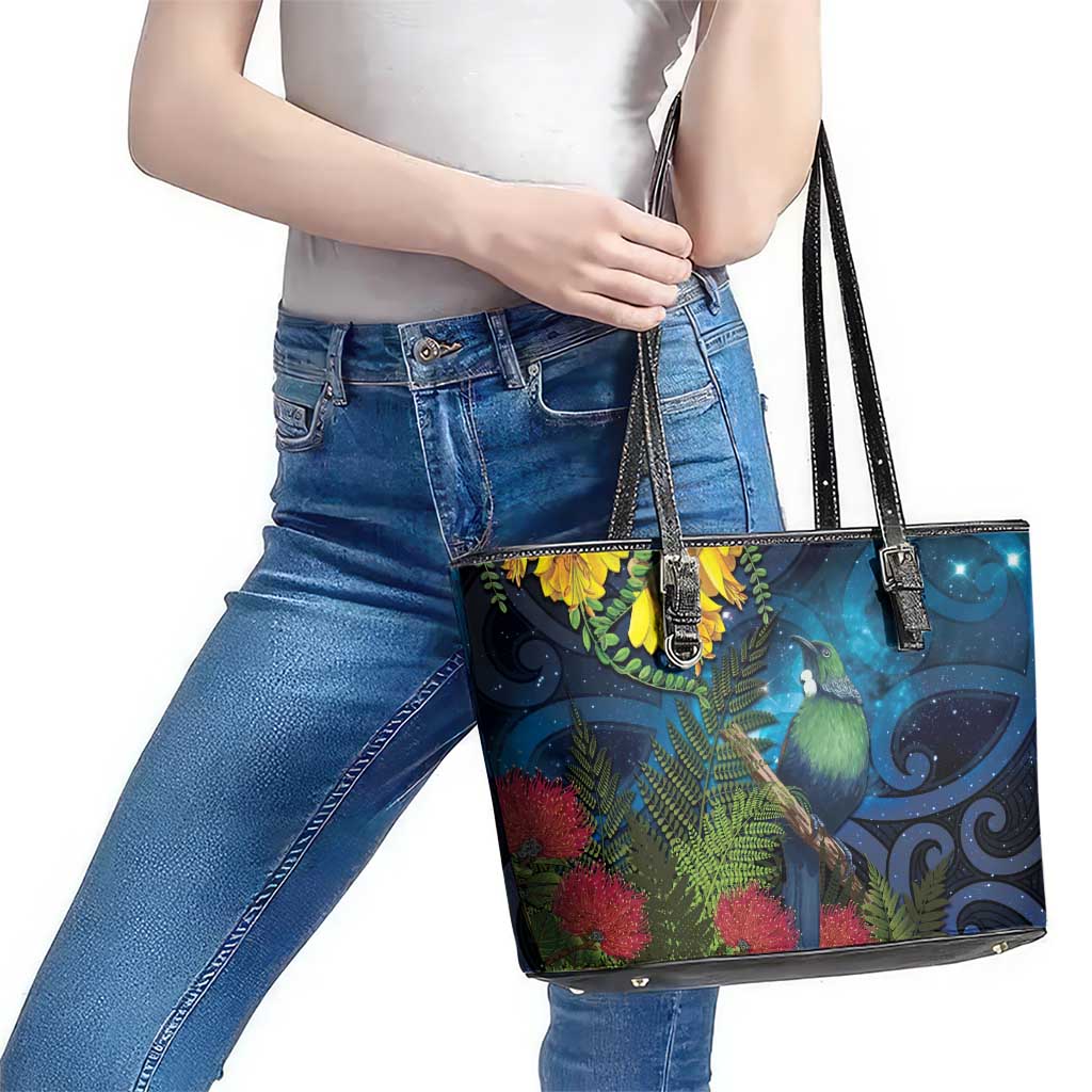 Tui Bird New Zealand Starry Sky Leather Tote Bag Maori Koru LT7 - Polynesian Pride