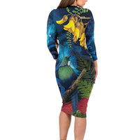 Tui Bird New Zealand Starry Sky Long Sleeve Bodycon Dress Maori Koru LT7 - Polynesian Pride